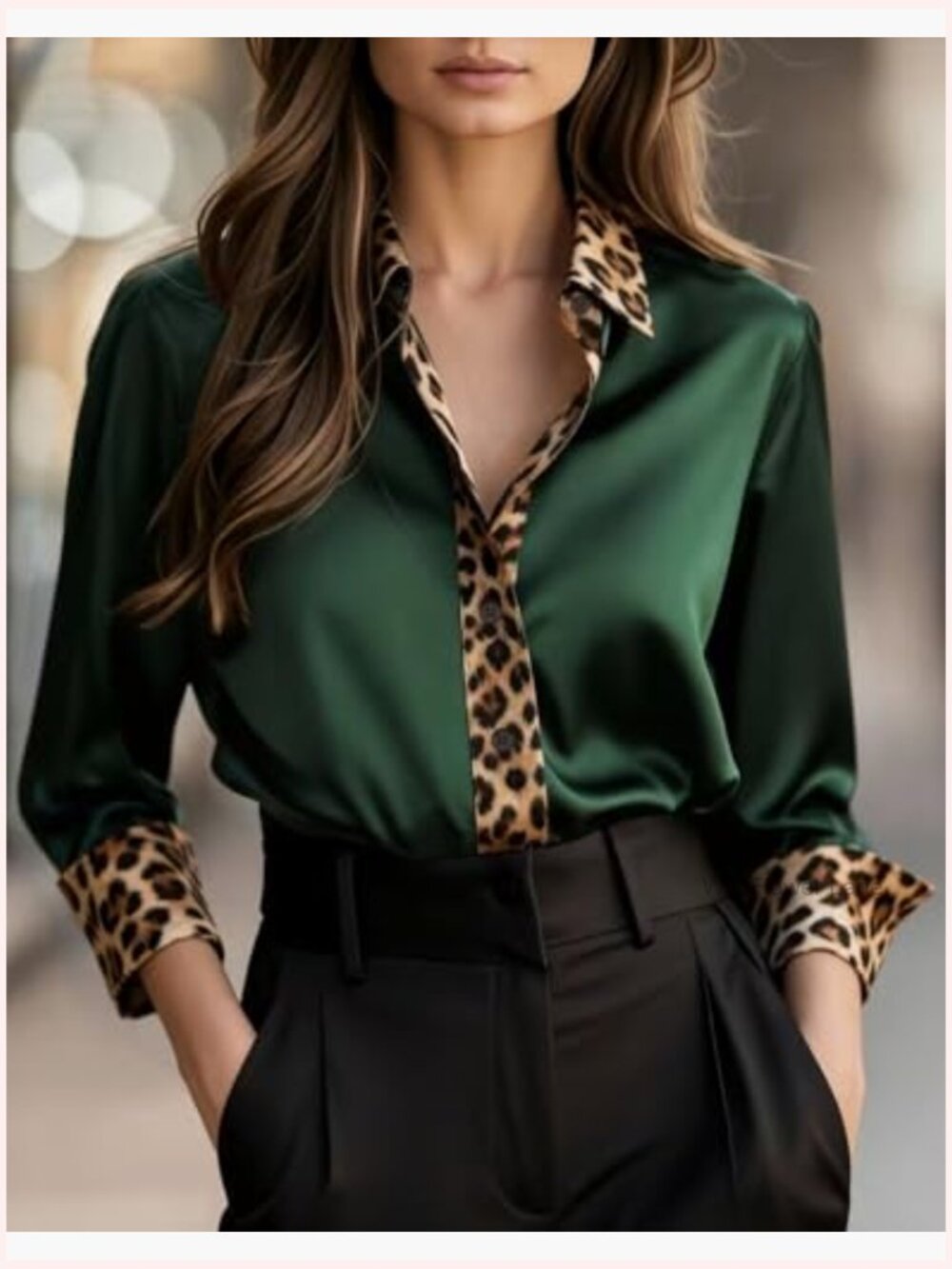 Leopard Satin Button Down Blouse Long Sleeve - Picture 2 of 5